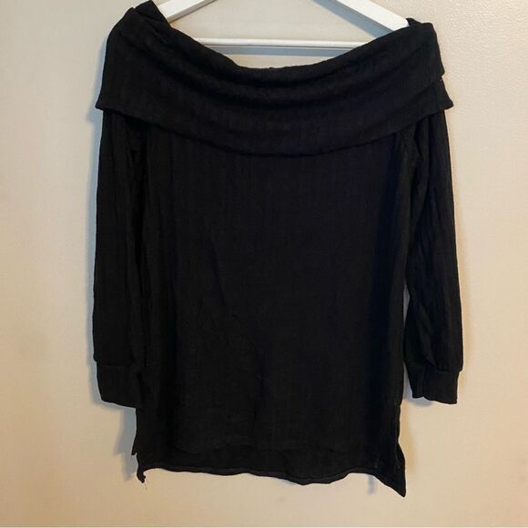 Loveappella Tunic Top Ribbed Pointelle Off the Shoulder Black Casual Fold Over - Picture 11 of 11